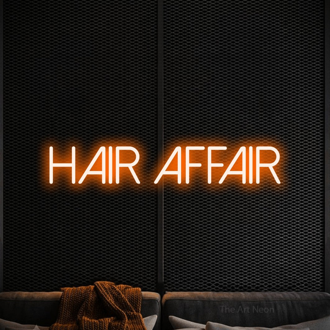 Orange LED neon sign reading "Hair Affair" against a black textured wall for salon décor