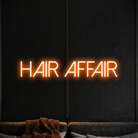 Orange LED neon sign reading "Hair Affair" against a black textured wall for salon décor