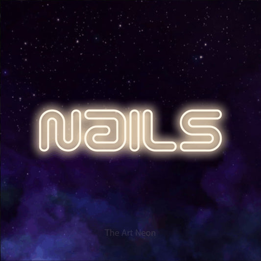 Warm white outline-style LED neon sign reading "Nails" against a purple galaxy background for salon décor