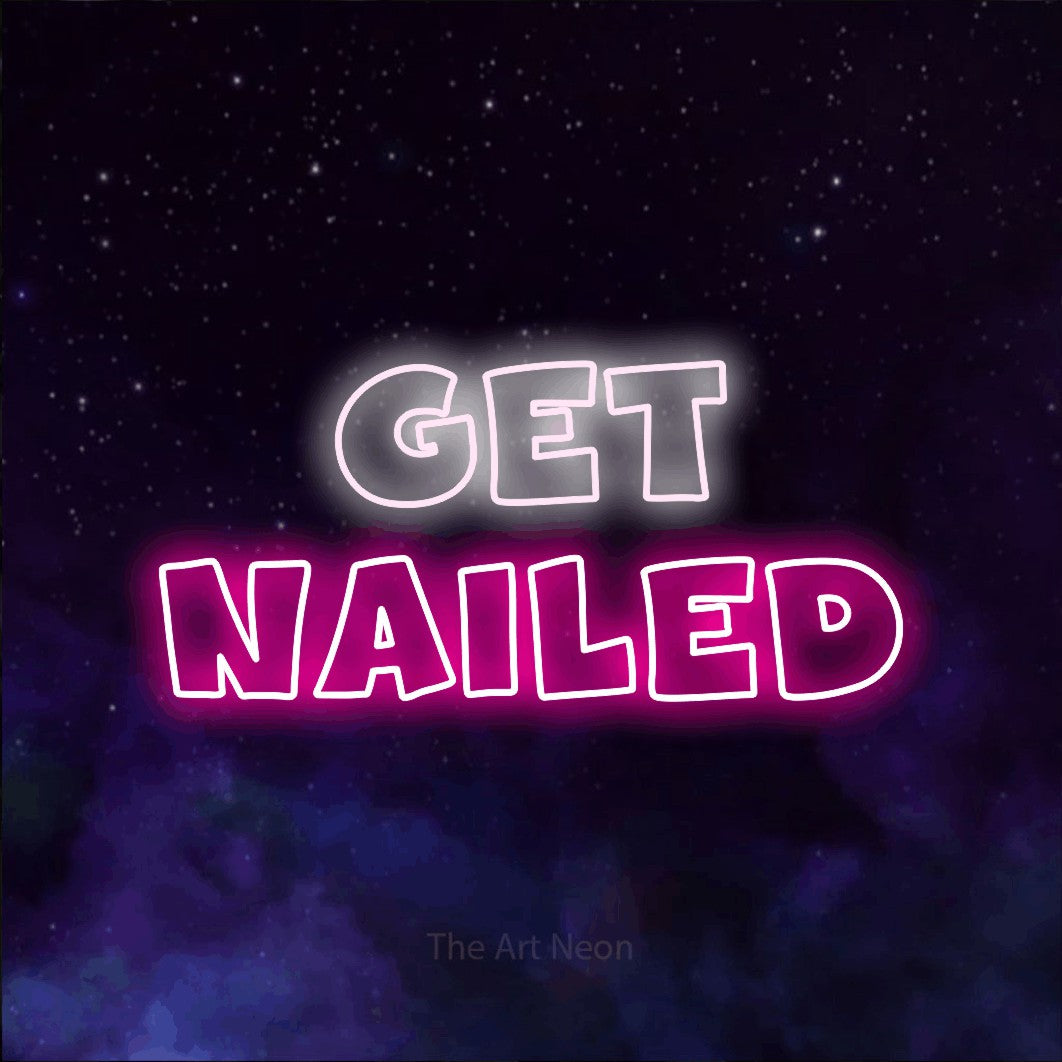 Hot pink and cool white outline-style LED neon sign reading "Get Nailed" against a purple galaxy background for salon décor