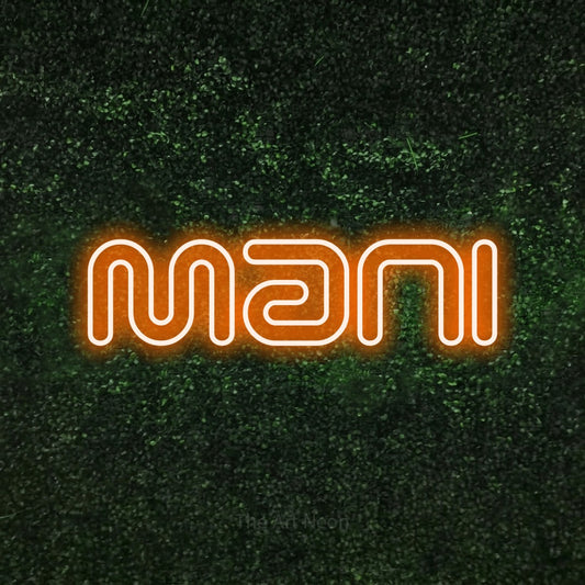 Orange outline-style LED neon sign reading "Mani" against a textured green moss wall for salon décor