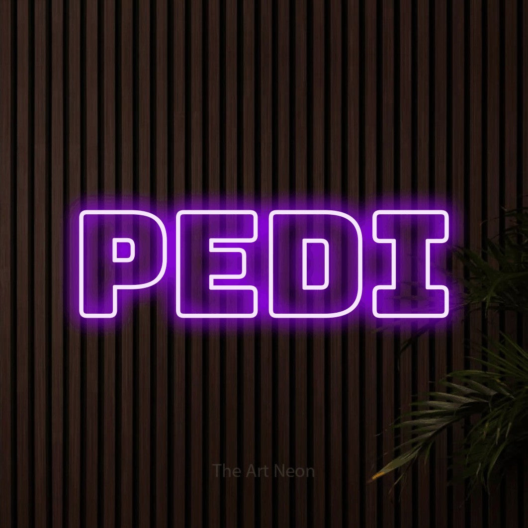 Purple outline-style LED neon sign reading "Pedi" against dark wooden slats for salon décor