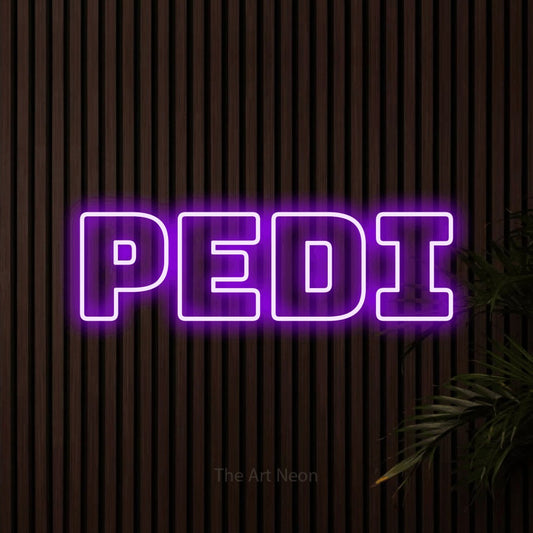 Purple outline-style LED neon sign reading "Pedi" against dark wooden slats for salon décor