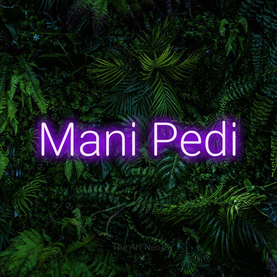 Purple LED neon sign reading "Mani Pedi" against a dense tropical foliage wall for salon décor