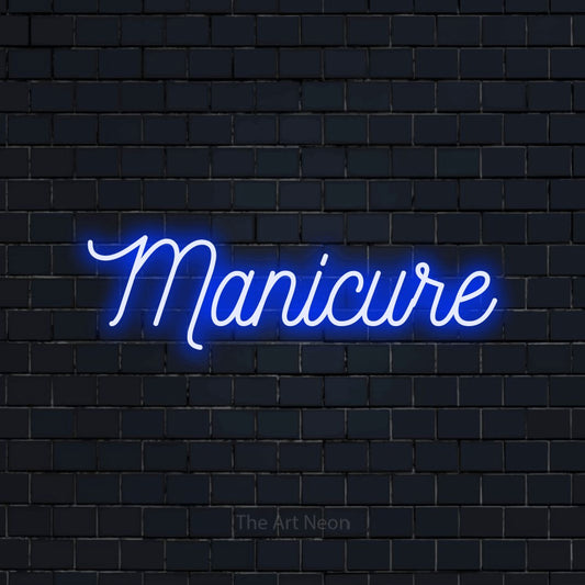 Blue script-style LED neon sign reading "Manicure" against a dark navy brick wall for salon décor