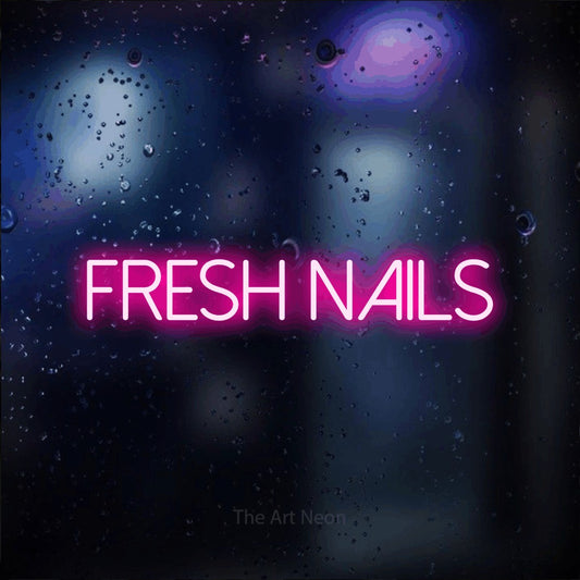 Hot pink LED neon sign reading "Fresh Nails" against a dark blue bokeh background for salon décor