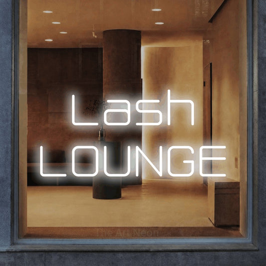 Cool white LED neon sign reading "Lash Lounge" in a warm modern interior for salon décor