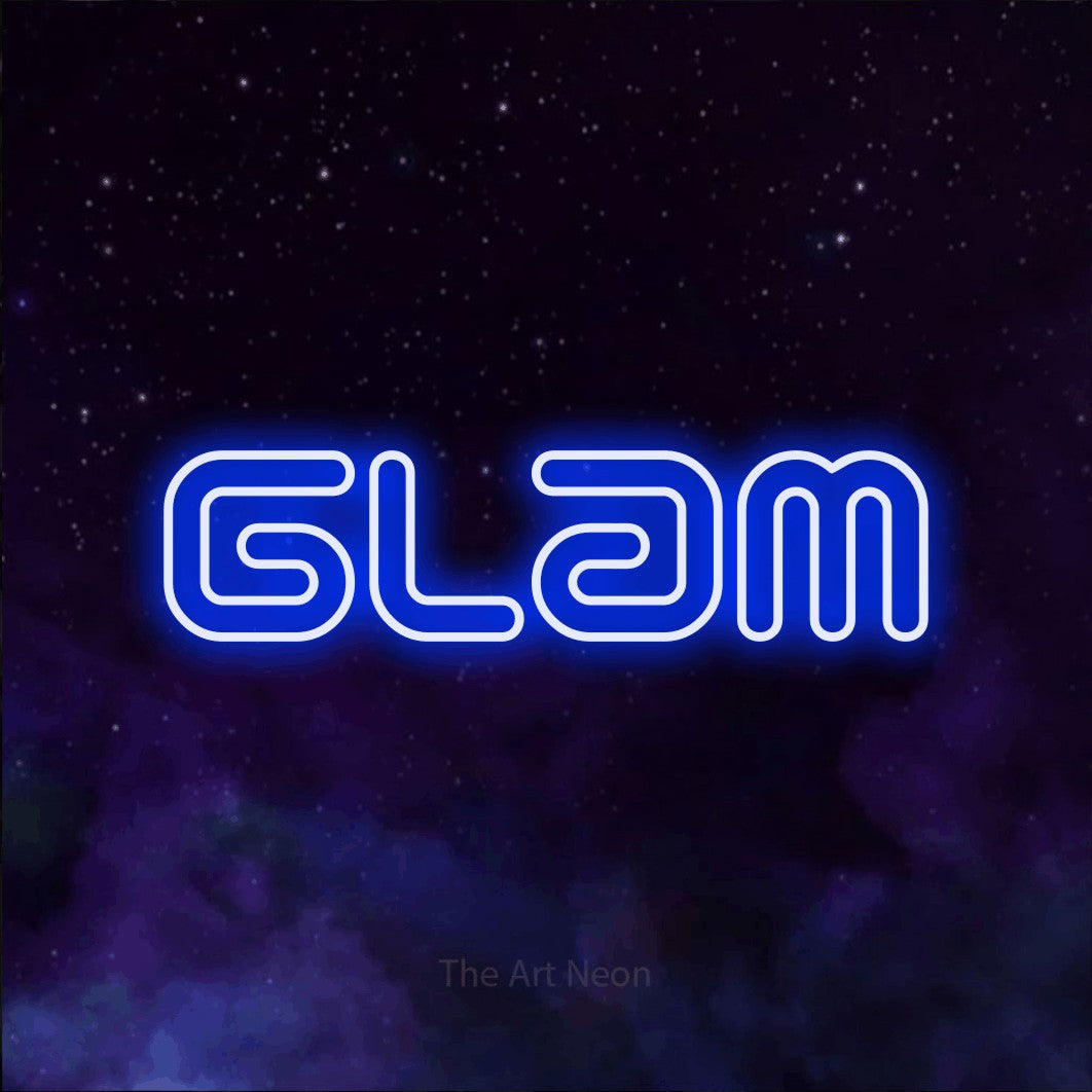Blue outline-style LED neon sign reading "Glam" against a purple galaxy background for salon décor