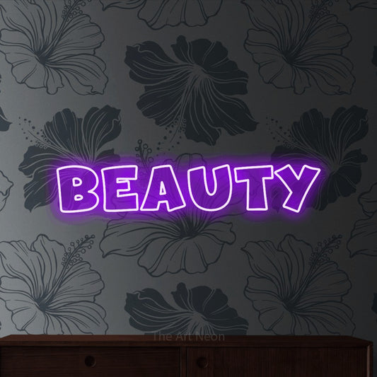 Purple outline-style LED neon sign reading "Beauty" against grey floral wallpaper for salon décor