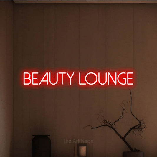 Red LED neon sign reading "Beauty Lounge" against a warm brown wall for salon décor