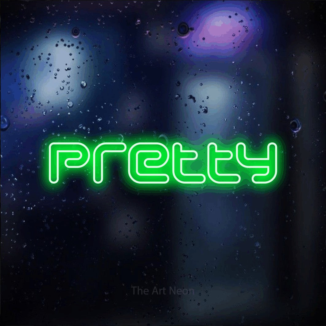Green outline-style LED neon sign reading "Pretty" against a dark blue bokeh background for salon décor