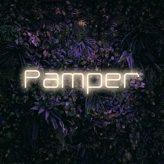 Warm white LED neon sign reading "Pamper" against a purple floral wall for salon décor