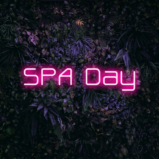 Hot pink LED neon sign reading "Spa Day" against a purple floral wall for salon décor