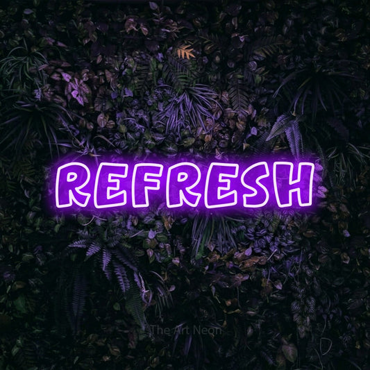 Purple outline-style LED neon sign reading "Refresh" against a purple floral wall for salon décor