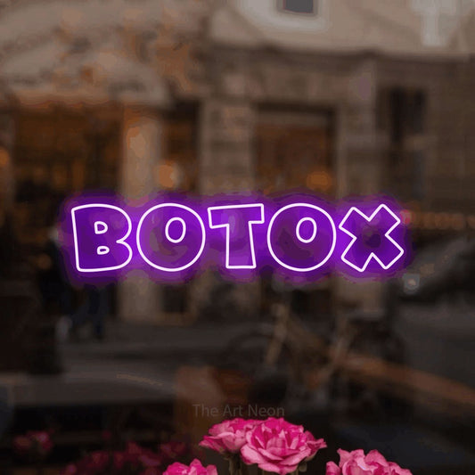 Purple outline-style LED neon sign reading "Botox" in a softly blurred café interior for salon décor