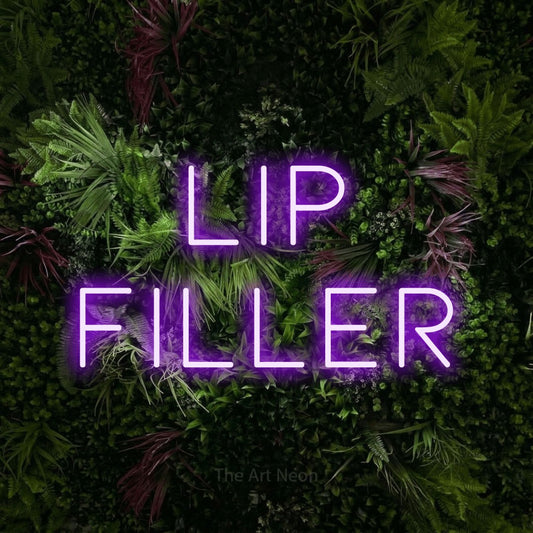 Purple LED neon sign reading "Lip Filler" against a lush garden wall with pink flowers for salon décor