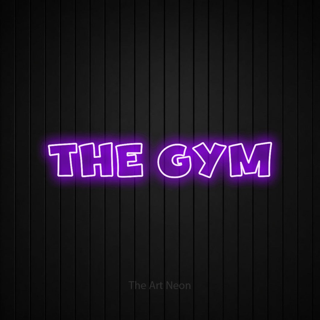 Purple outline-style LED neon sign reading "The Gym" against a black vertical slat wall for gym décor
