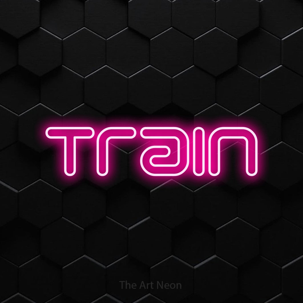 Hot pink outline-style LED neon sign reading "Train" against a black hexagonal wall for gym décor
