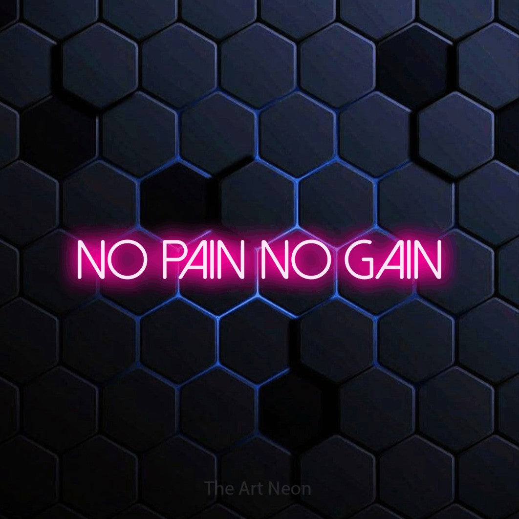 Hot pink LED neon sign reading "No Pain No Gain" against a blue hexagonal wall for gym décor