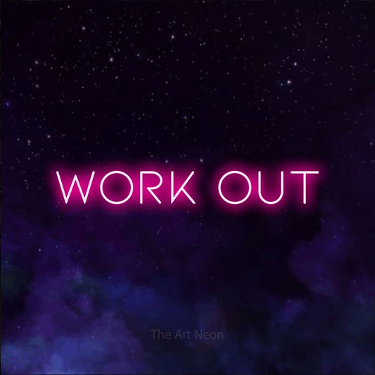 Enseigne néon à DEL à lumière rose vif, affichant « Work Out » sur un arrière-plan de galaxie violette, pour décorer une salle d’entraînement