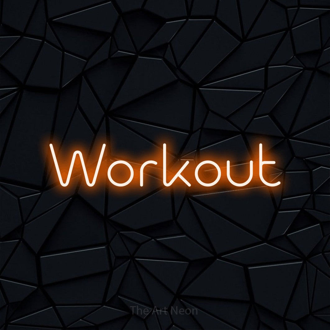 Orange LED neon sign reading "Workout" against a black faceted wall for gym décor