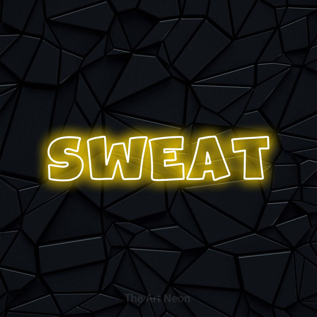 Yellow outline-style LED neon sign reading "Sweat" against a black faceted wall for gym décor