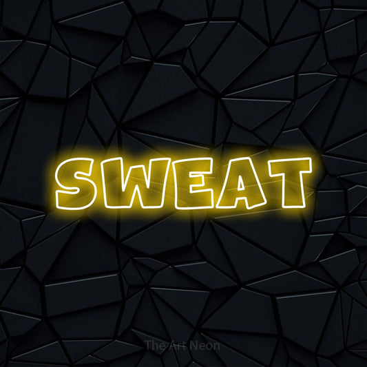 Enseigne néon à DEL à lumière jaune, de style contour, affichant « Sweat » sur un mur noir à facettes, pour décorer une salle d’entraînement