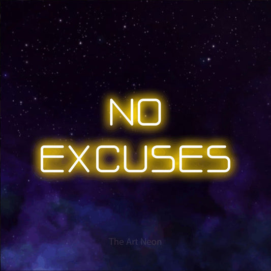 Yellow LED neon sign reading "No Excuses" against a purple galaxy background for gym décor