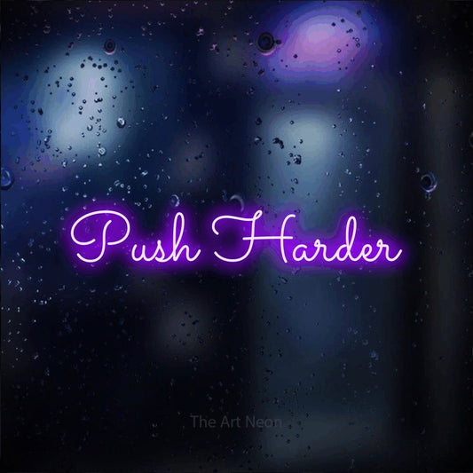Purple LED neon sign reading "Push Harder" against a dark blue bokeh background for gym décor
