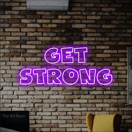 Purple outline-style LED neon sign reading "Get Strong" against a rustic brick wall for gym décor