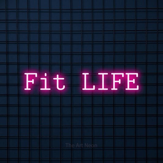 Hot pink LED neon sign reading "Fit Life" against a dark blue tiled wall for gym décor