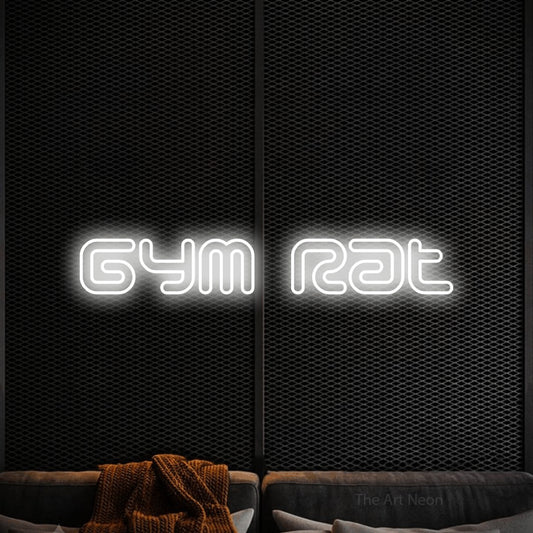 Cool white outline-style LED neon sign reading "Gym Rat" against a black textured wall for gym décor