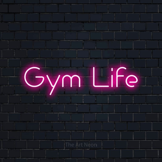 Hot pink LED neon sign reading "Gym Life" against a dark navy brick wall for gym décor