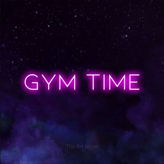 Pink LED neon sign reading "Gym Time" against a purple galaxy background for gym décor
