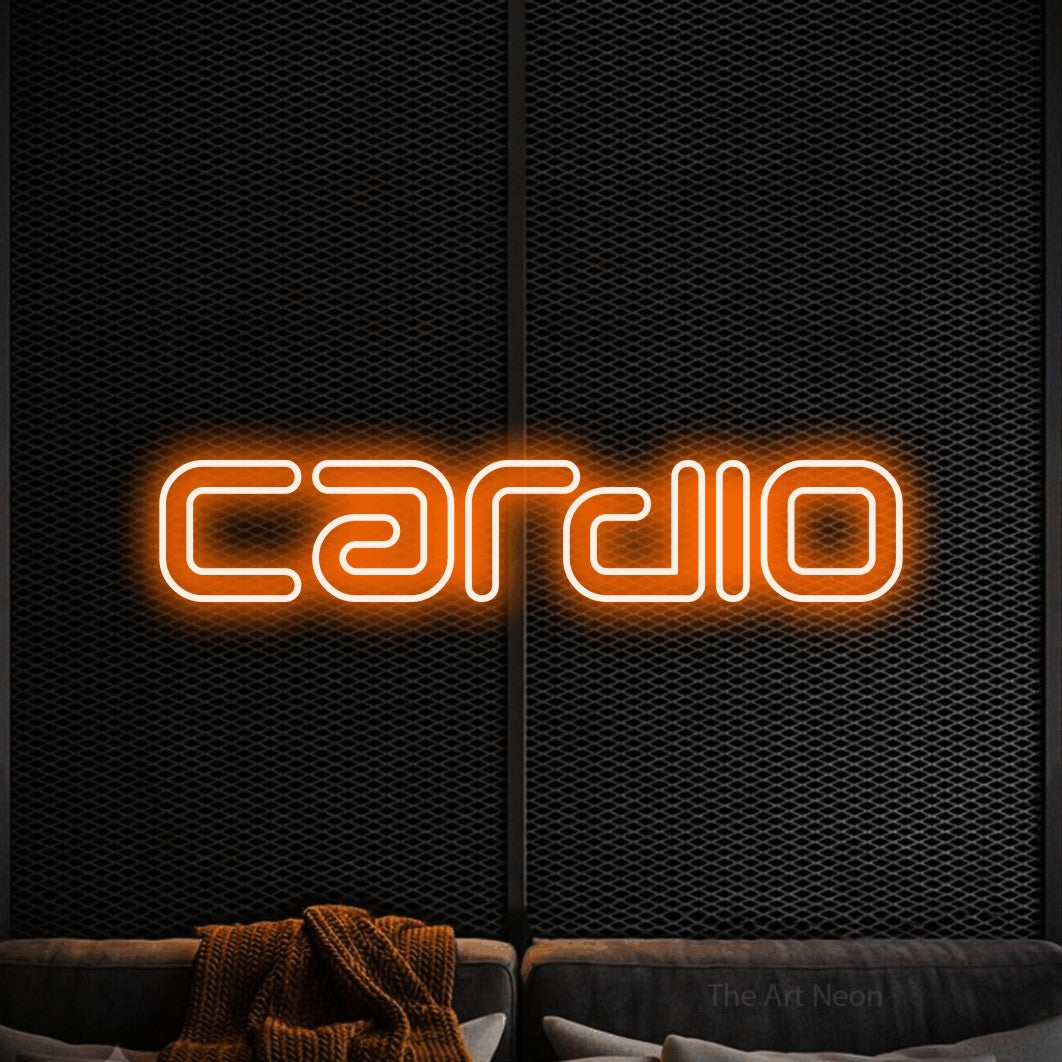 Orange outline-style LED neon sign reading "Cardio" against a black textured wall for gym décor