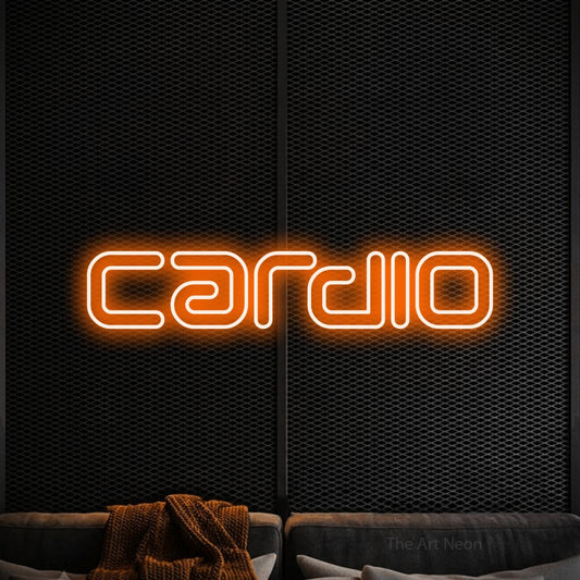 Enseigne néon à DEL à lumière orange, de style contour, affichant « Cardio » sur un mur noir texturé, pour décorer une salle d’entraînement