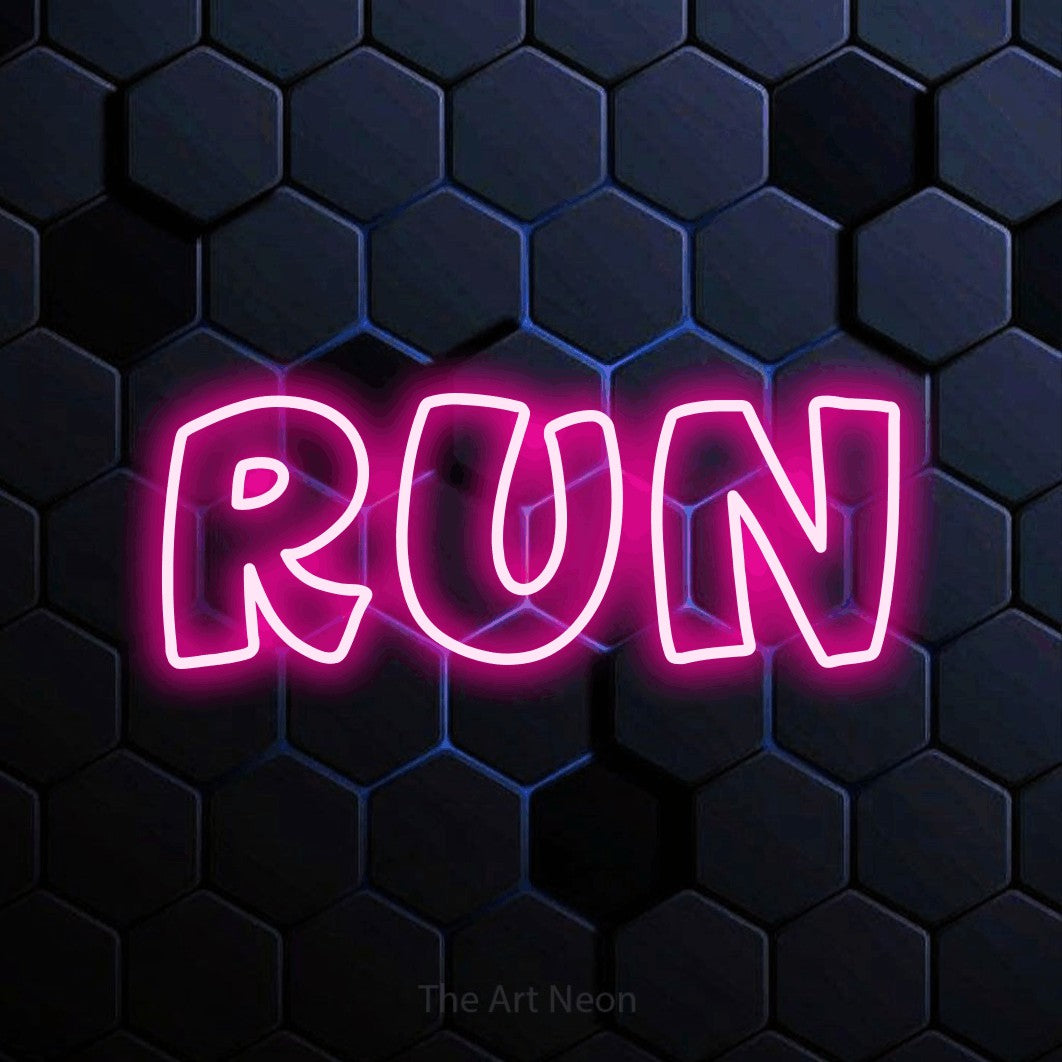 Hot pink outline-style LED neon sign reading "Run" against a blue hexagonal wall for gym décor