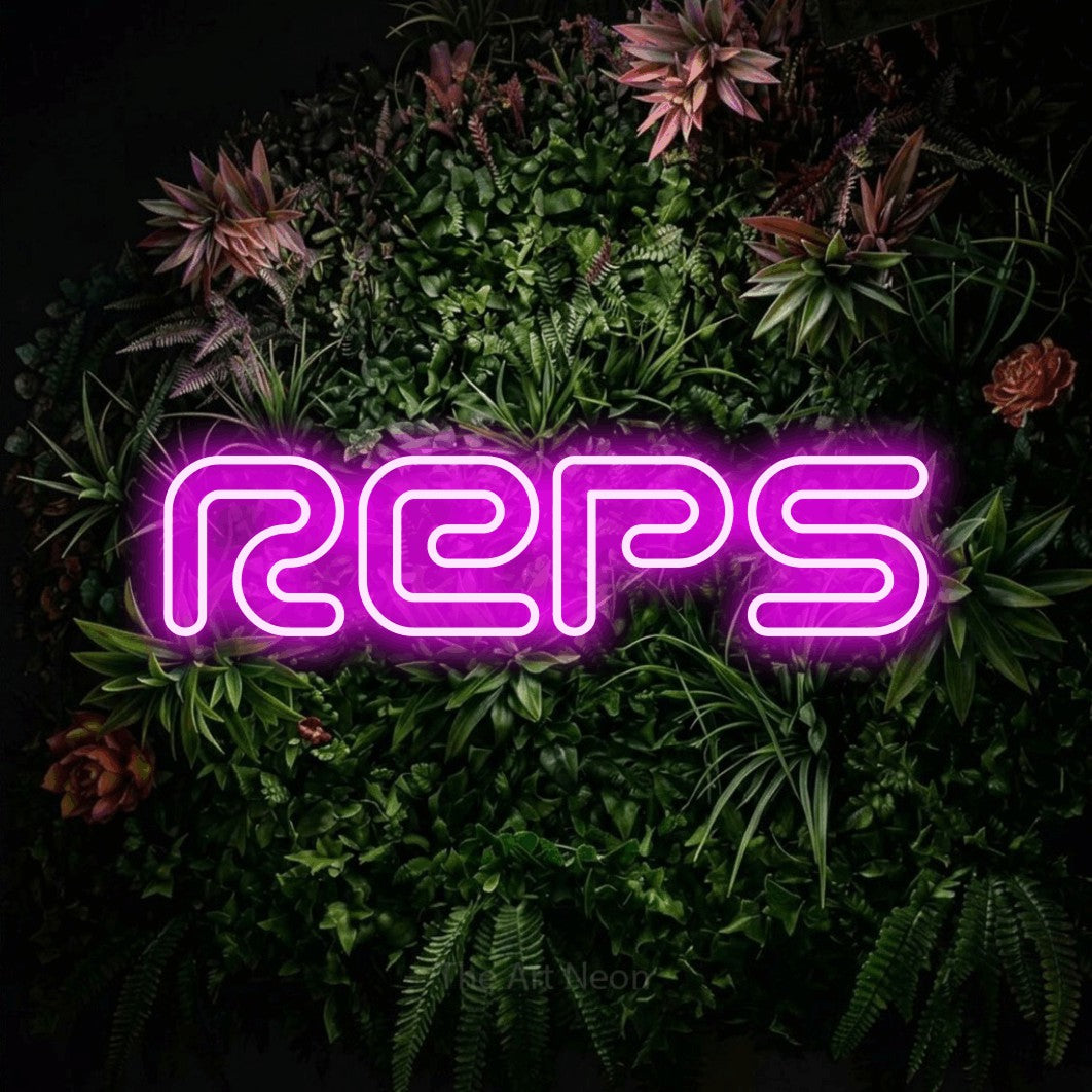 Pink outline-style LED neon sign reading "Reps" against a flowering garden wall for gym décor