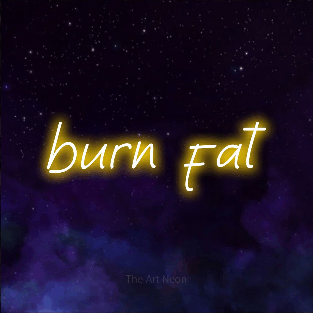 Yellow LED neon sign reading "Burn Fat" against a purple galaxy background for gym décor