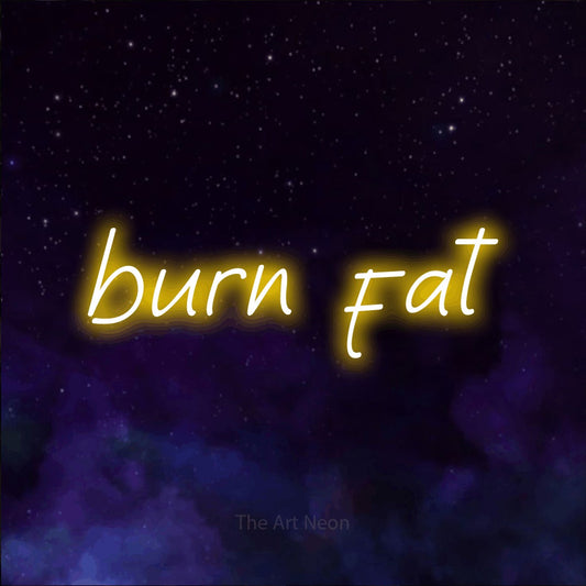 Enseigne néon à DEL à lumière jaune, affichant « Burn Fat » sur un arrière-plan de galaxie violette, pour décorer une salle d’entraînement