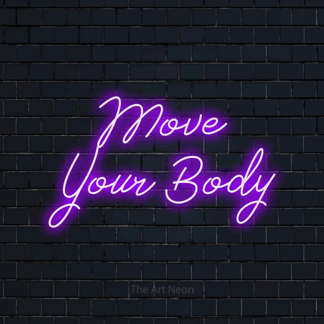 Purple script-style LED neon sign reading "Move Your Body" against a dark navy brick wall for gym décor