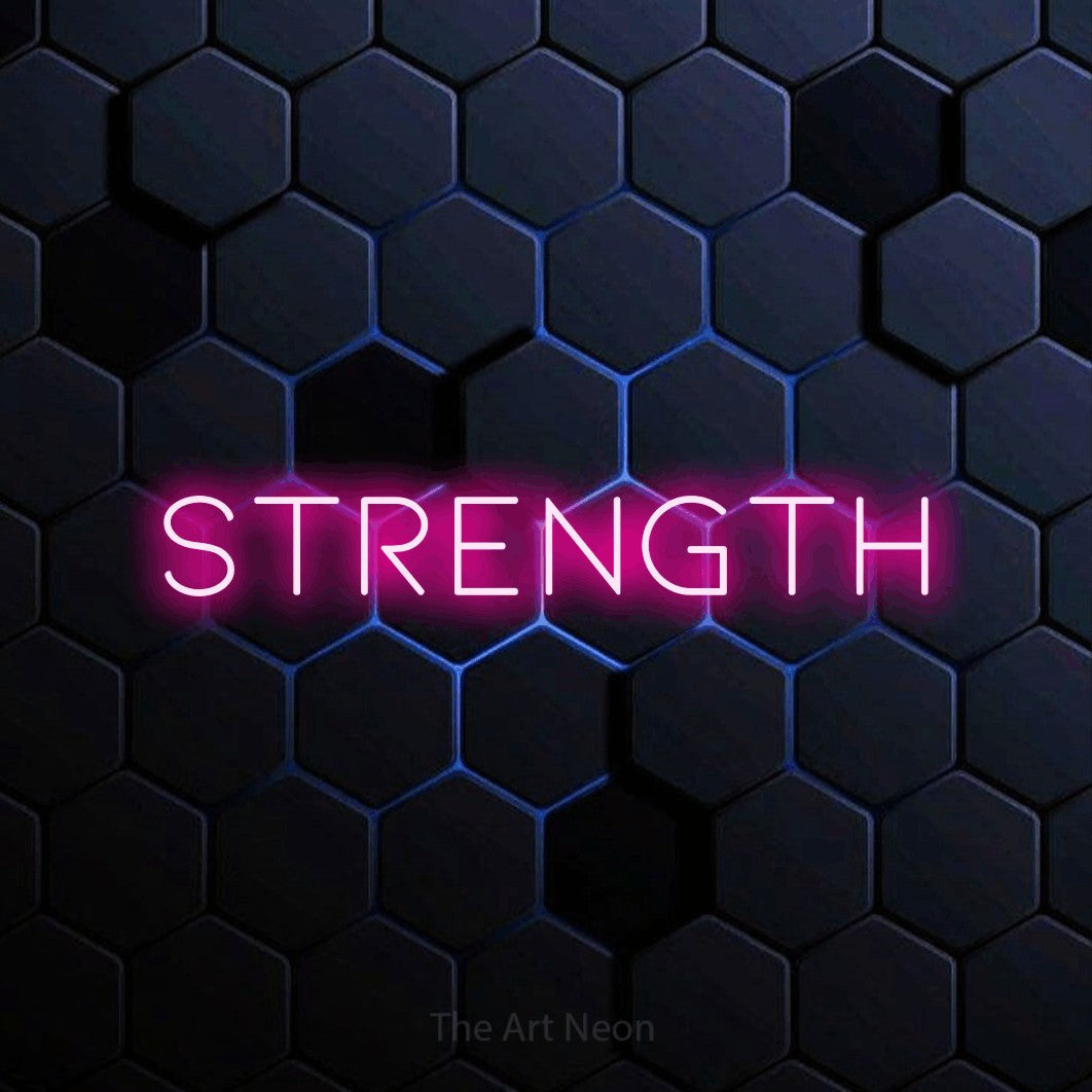 Hot pink LED neon sign reading "Strength" against a blue hexagonal wall for gym décor