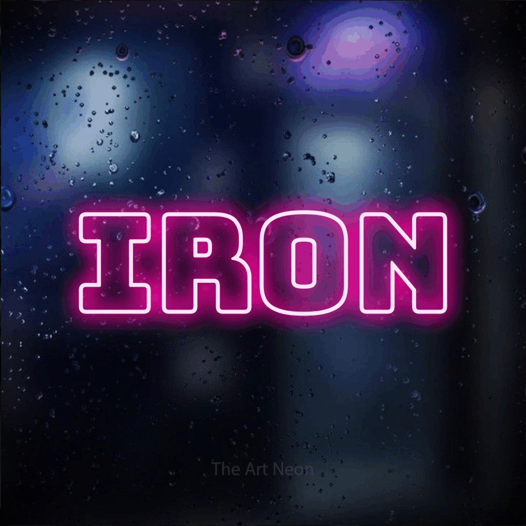 Hot pink outline-style LED neon sign reading "Iron" against a dark blue bokeh background for gym décor