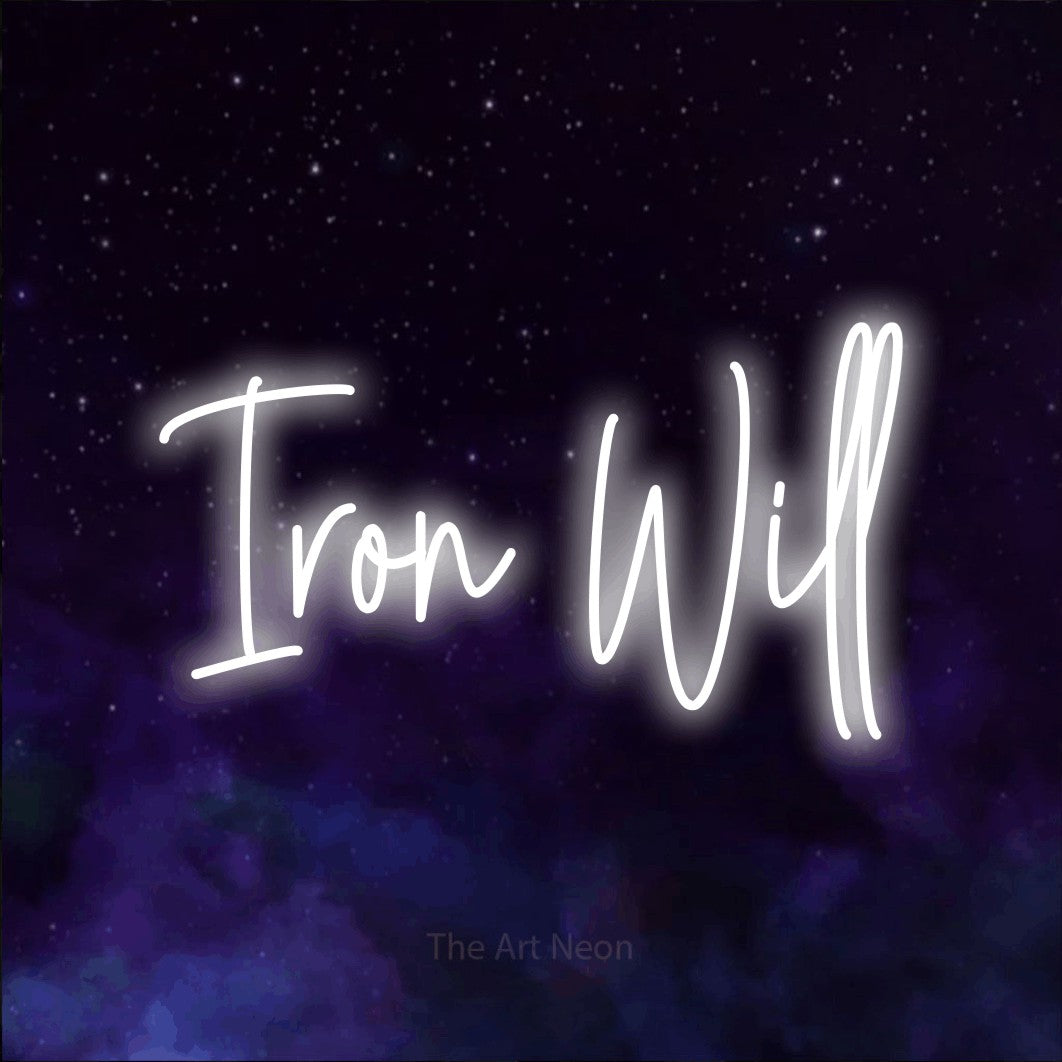 Cool white script-style LED neon sign reading "Iron Will" against a purple galaxy background for gym décor