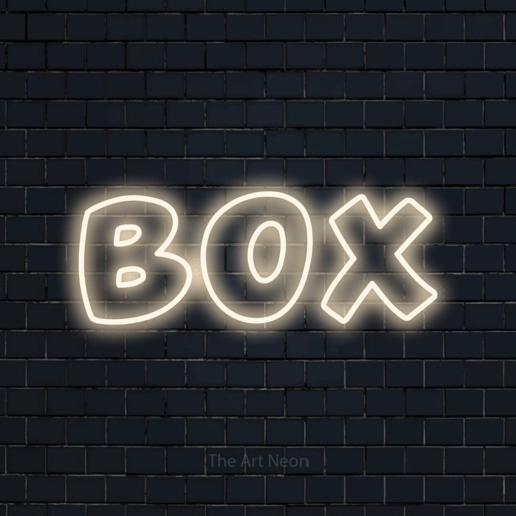 Enseigne néon à DEL à lumière blanche chaude, de style contour, affichant « Box » sur un mur de briques bleu marine foncé, pour décorer une salle d’entraînement