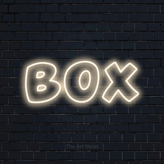 Warm white outline-style LED neon sign reading "Box" against a dark navy brick wall for gym décor