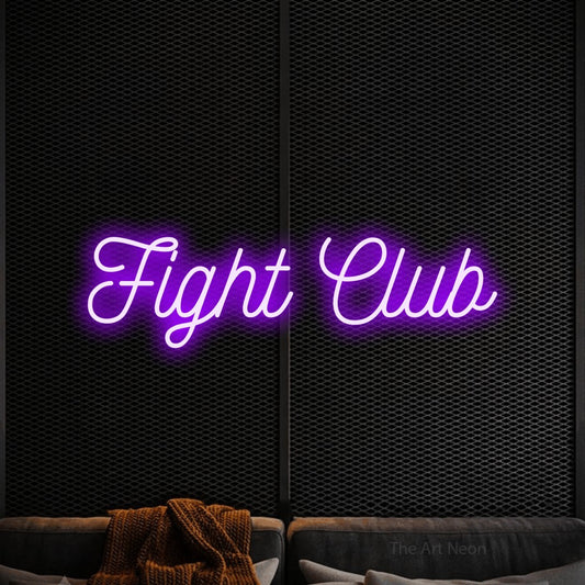 Purple script-style LED neon sign reading "Fight Club" against a black textured wall for gym décor