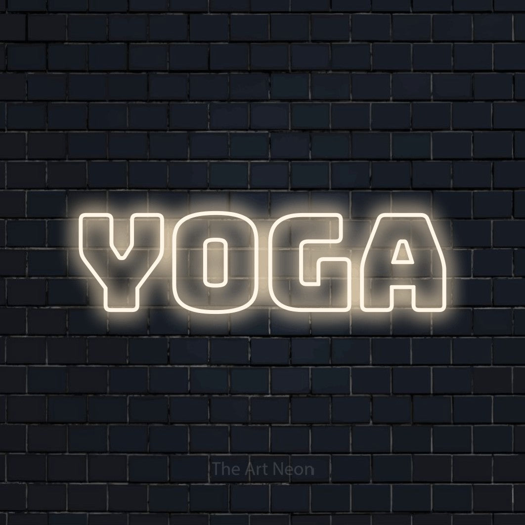Warm white outline-style LED neon sign reading "Yoga" against a dark navy brick wall for gym décor