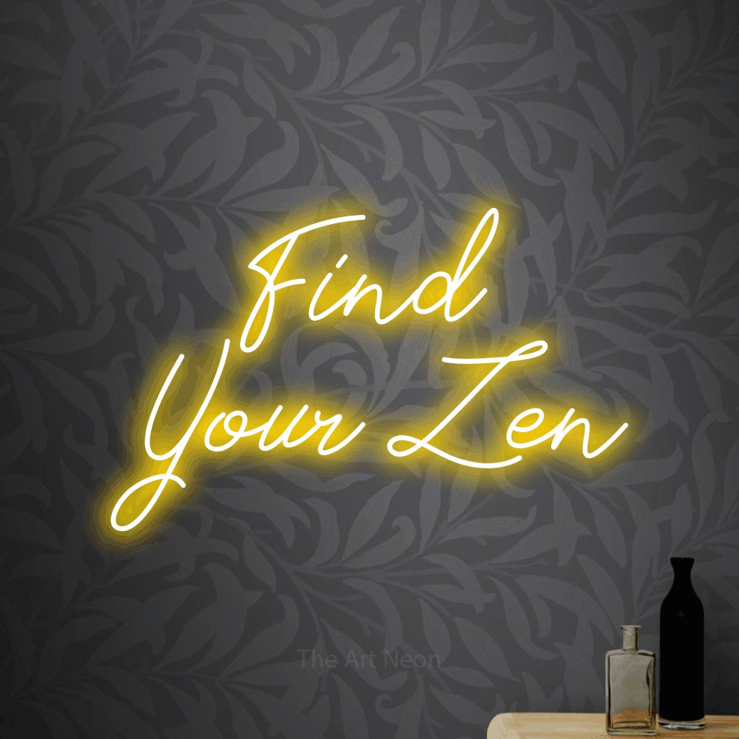 Yellow script-style LED neon sign reading "Find Your Zen" against light grey floral wallpaper for gym décor