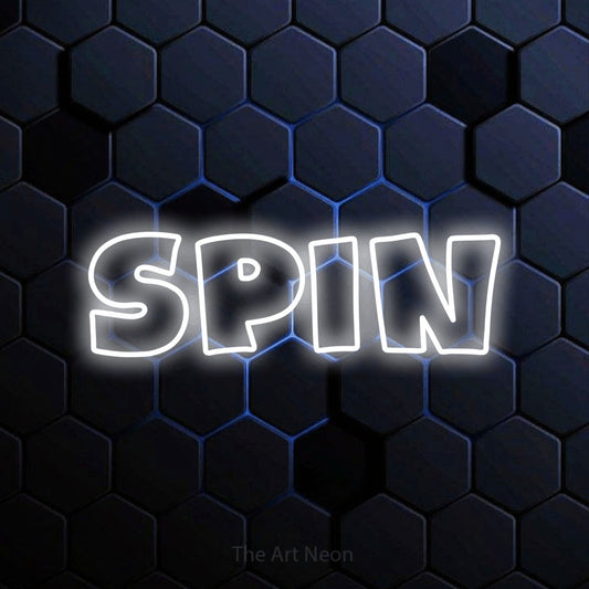 Cool white outline-style LED neon sign reading "Spin" against a blue hexagonal wall for gym décor